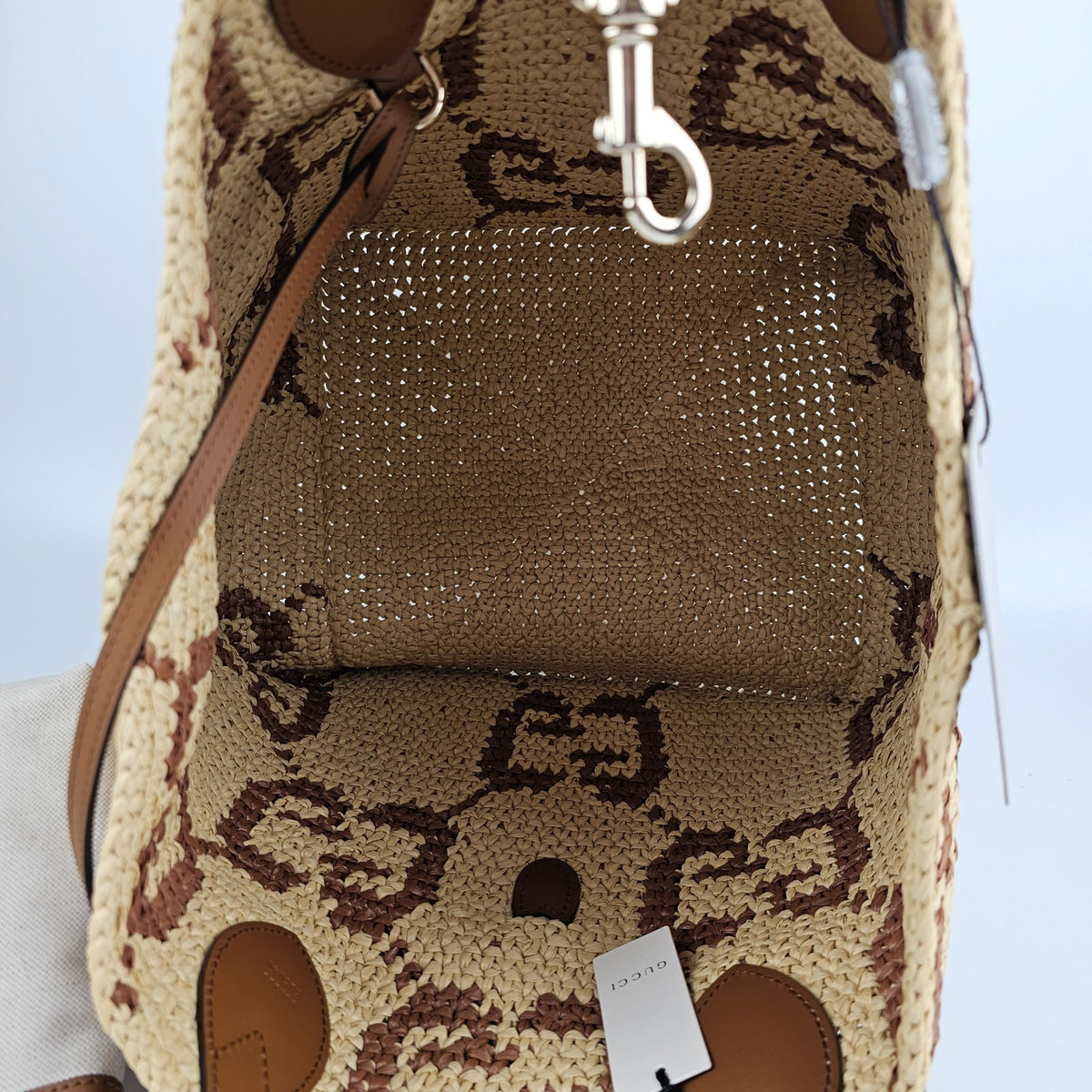 GUCCI $3650 Natural/Brown GG Raffia Medium Tote Bag New & Authentic