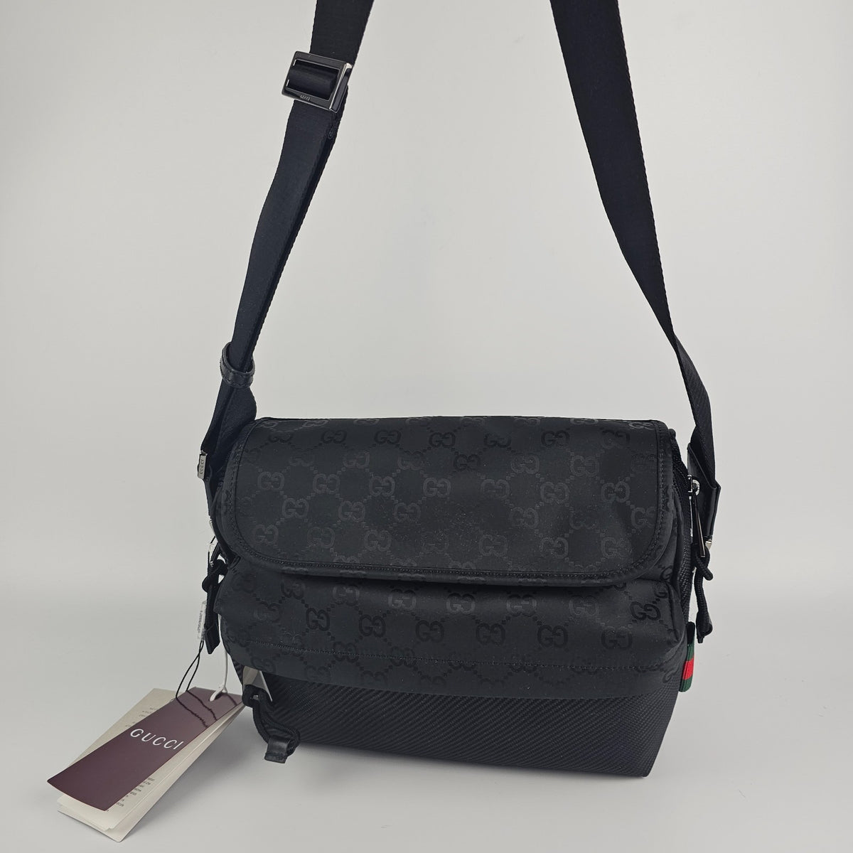 GUCCI $2200 Nexus Black GG Nylon Medium Crossbody Bag New & Authentic