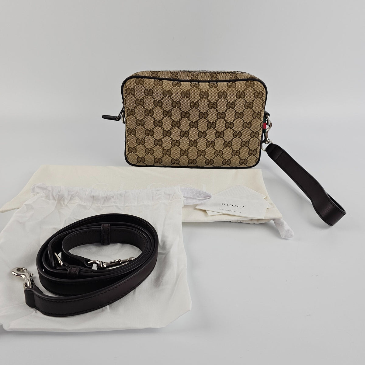 GUCCI $1890 Beige/Dark Brown GG Canvas Small Crossbody Bag New & Authentic