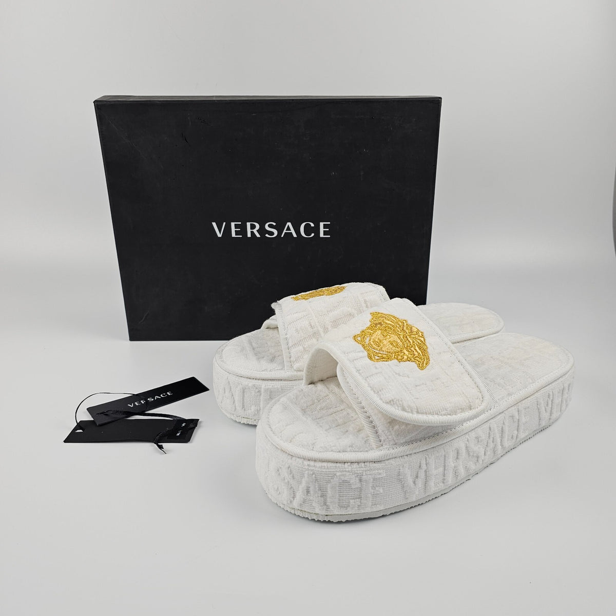 VERSACE Allover White Cotton Slippers New