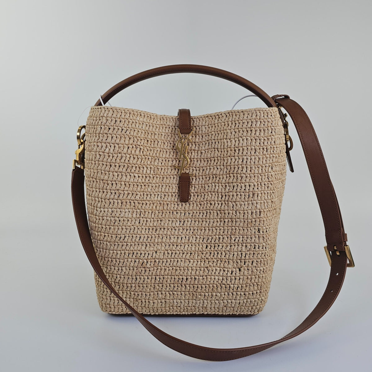 Saint Laurent Le 37 Medium $3200 Naturel/Brown Raffia Bucket Bag New & Authentic