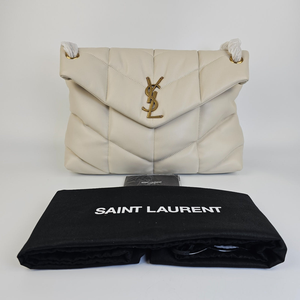 SAINT LAURENT Puffer Medium $3550 Blanc Vintage Nappa Leather Shoulder Bag New