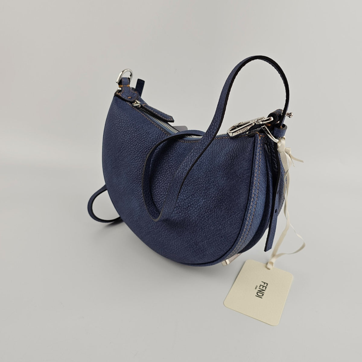 FENDI Fendigraphy Mini $2400 Blue Leather Denim Top Handle Bag New & Authentic