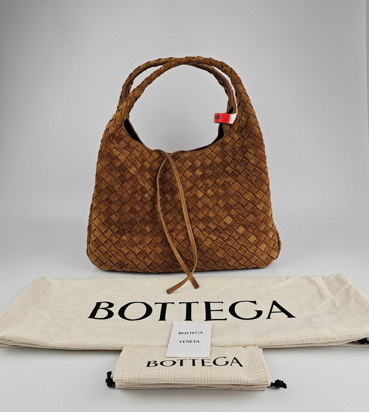 BOTTEGA VENETA Campana Large $6200 Amber Suede Top Handle Bag New & Authentic