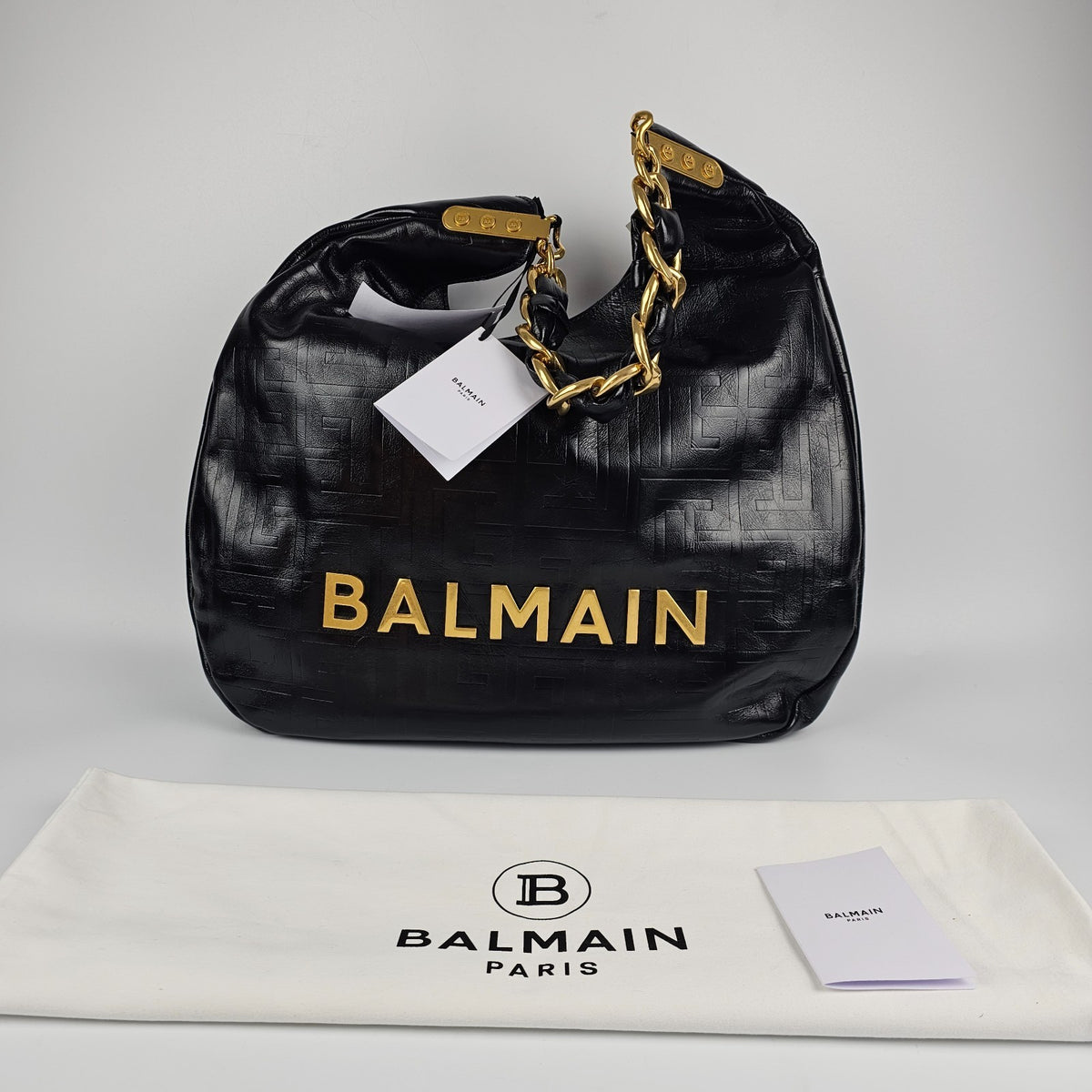 BALMAIN Small 1945 Soft Hobo Black Crinkled Leather Tote Bag New & Authentic
