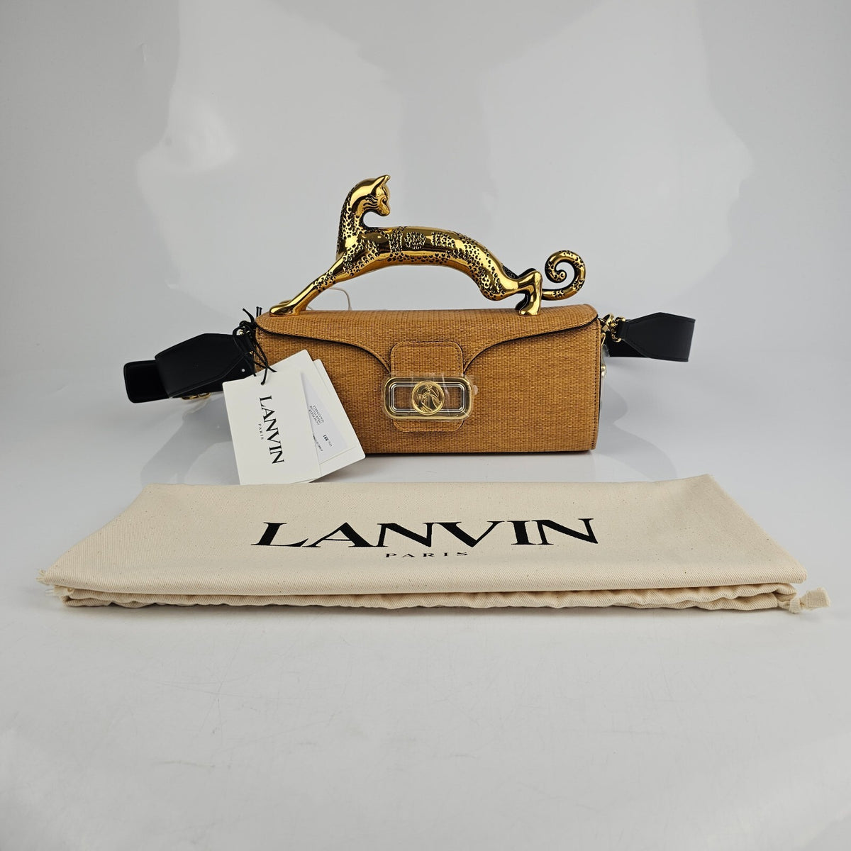 LANVIN Cat Straw Yellow Raffia Top Handle Pencil Box Bag New