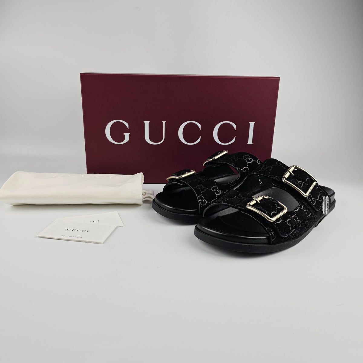 GUCCI $1050 Men's Black GG Suede Slide Sandals New & Authentic