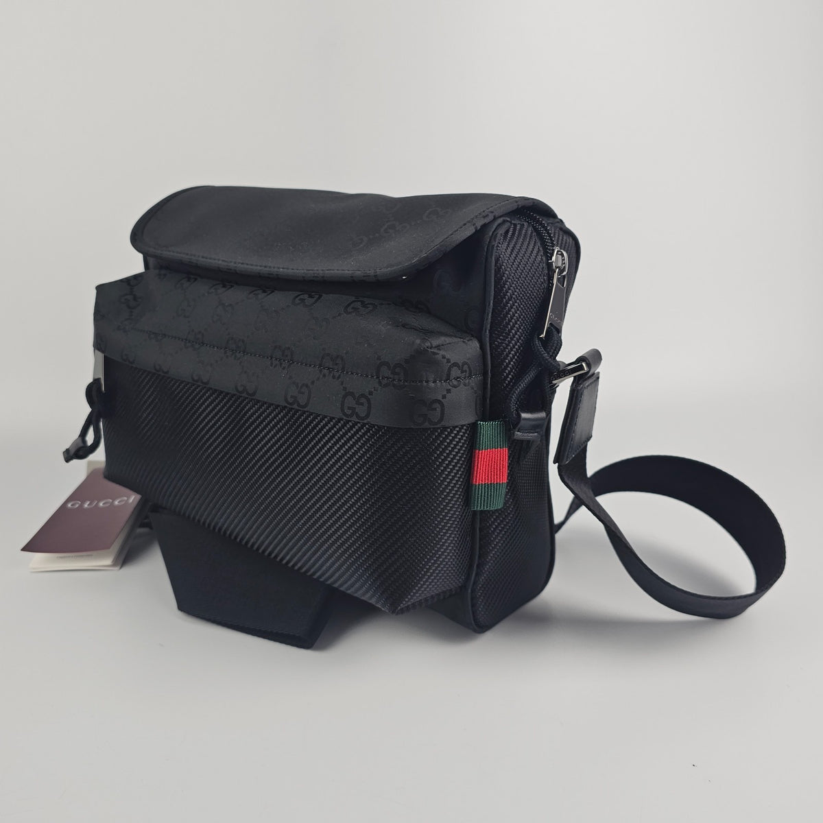 GUCCI $2200 Nexus Black GG Nylon Medium Crossbody Bag New & Authentic