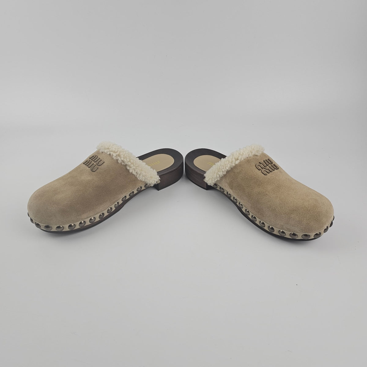MIU MIU Desert Beige Shearling Clogs New & Authentic