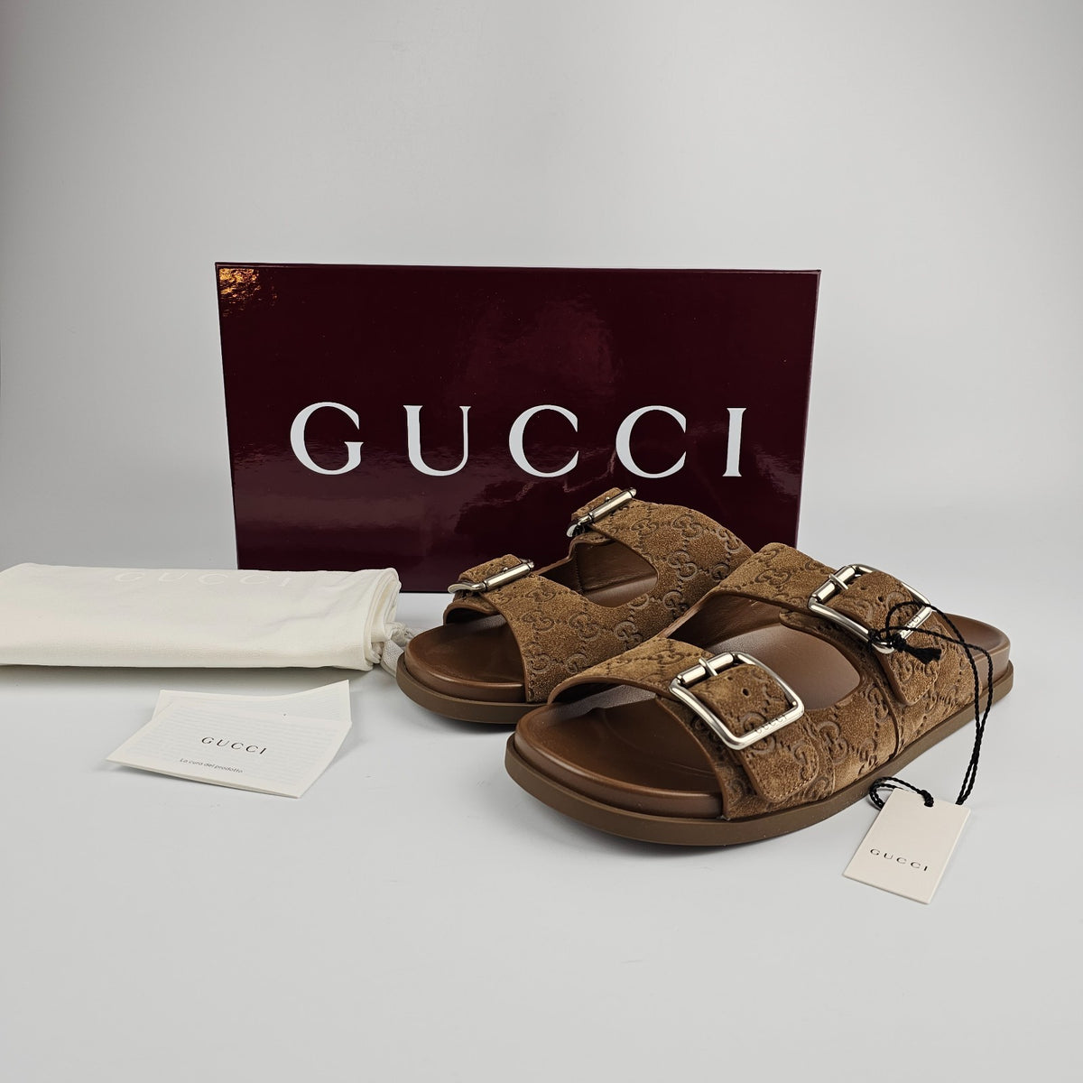 GUCCI $1050 Men's Cognac GG Suede Slide Sandals New & Authentic