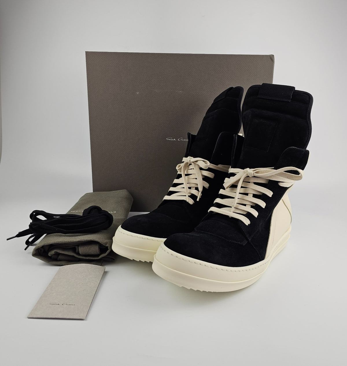 RICK OWENS Tower Geobasket Black/Milk Suede Sneakers New & Authentic