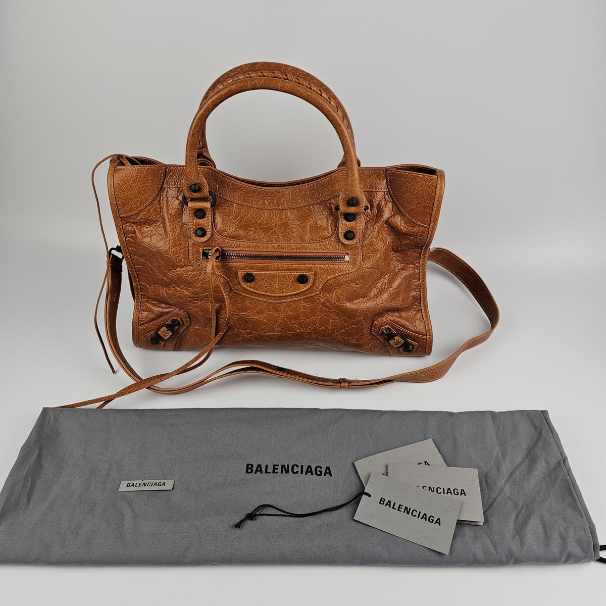 BALENCIAGA Le City Medium $2950 Camel Leather Handbag New & Authentic