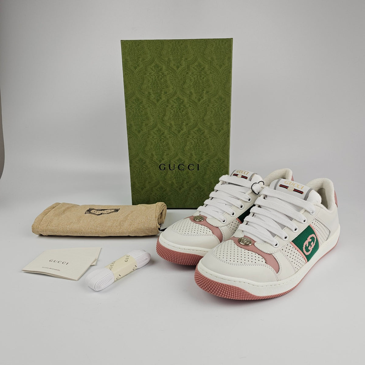 GUCCI Screener Women's White And Pink Sneakers New And Authentic
