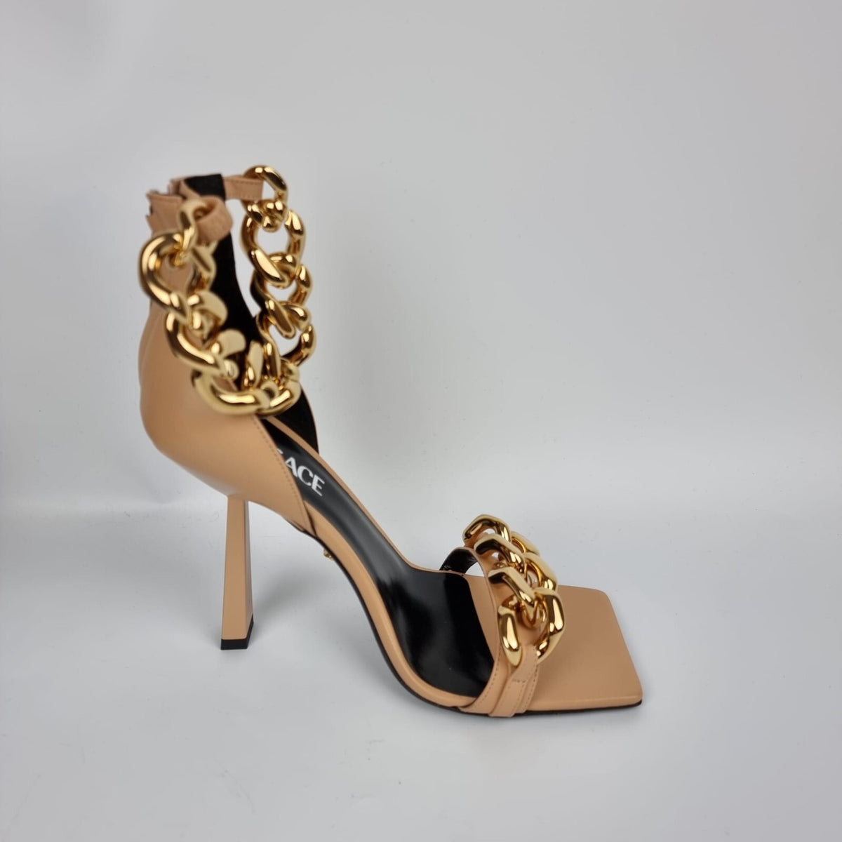 VERSACE 110mm Beige Gold Chain Strap Sandals New Size 38.5 US 8.5