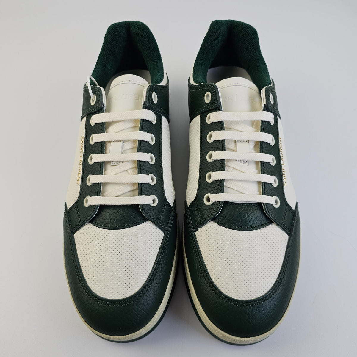 SAINT LAURENT SL/61 $880 White/Dark Green Perforated Leather Sneakers New