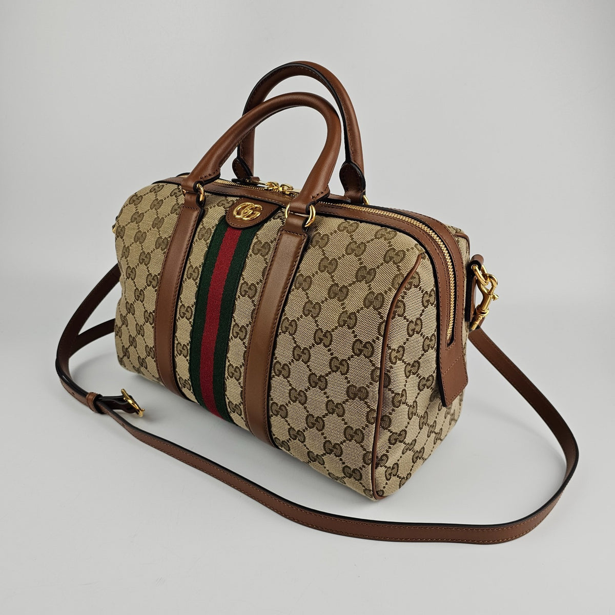 GUCCI Ophidia Medium Boston $2600 Beige/Brown Top Handle Bag New & Authentic