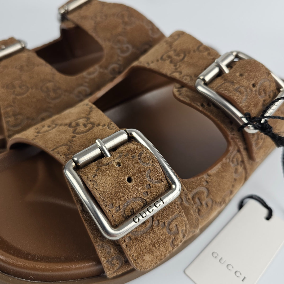 GUCCI $1050 Men's Cognac GG Suede Slide Sandals New & Authentic