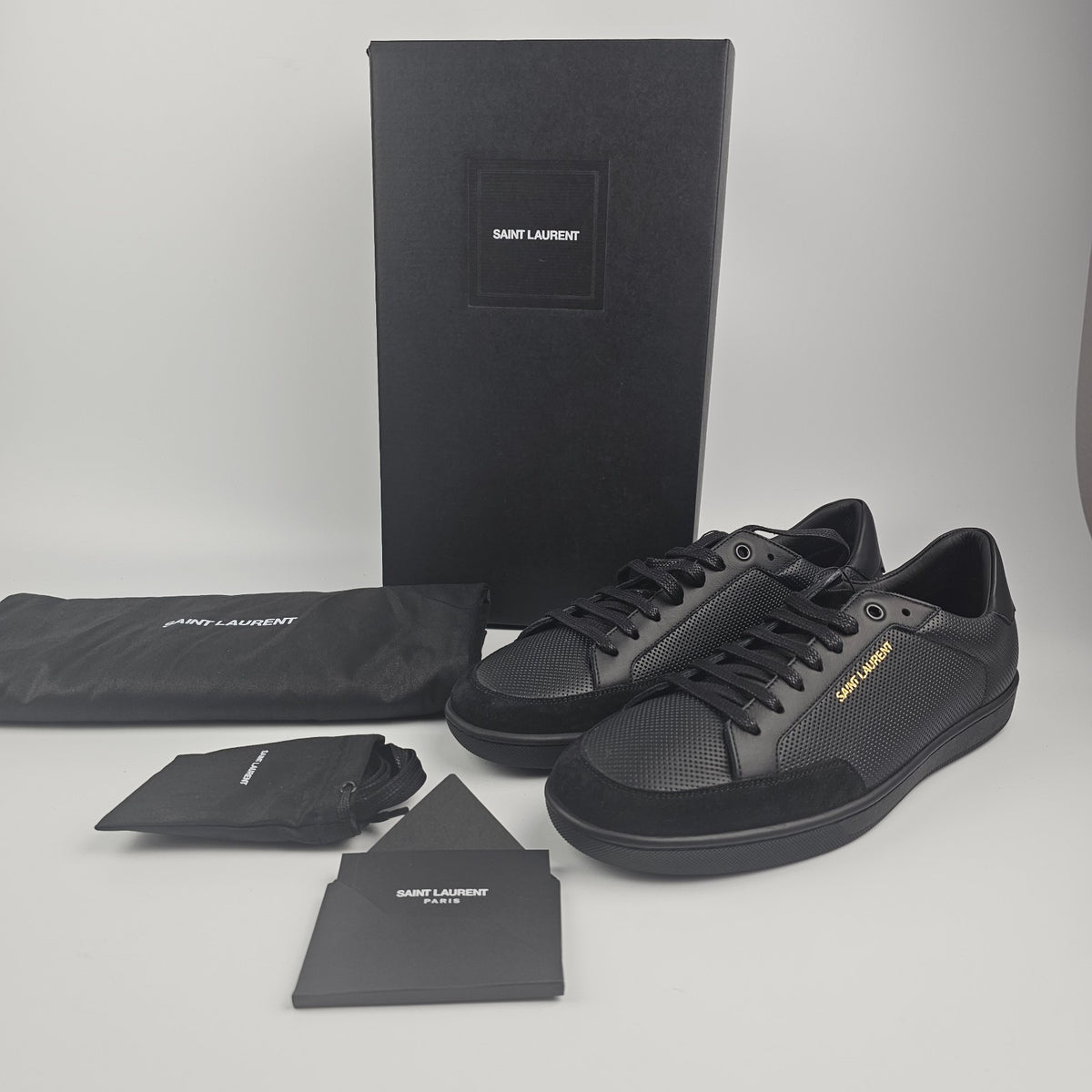 SAINT LAURENT SL/10 Black Perforated Leather And Suede Sneakers New & Authentic