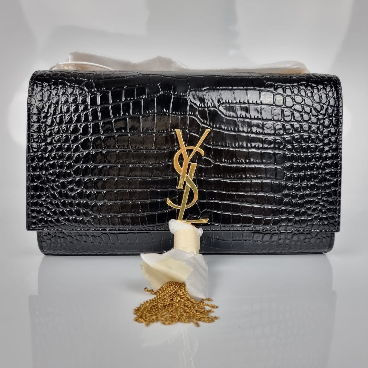 Saint Laurent Kate Medium Tassel $3100 Black Embossed Leather Shoulder Bag New