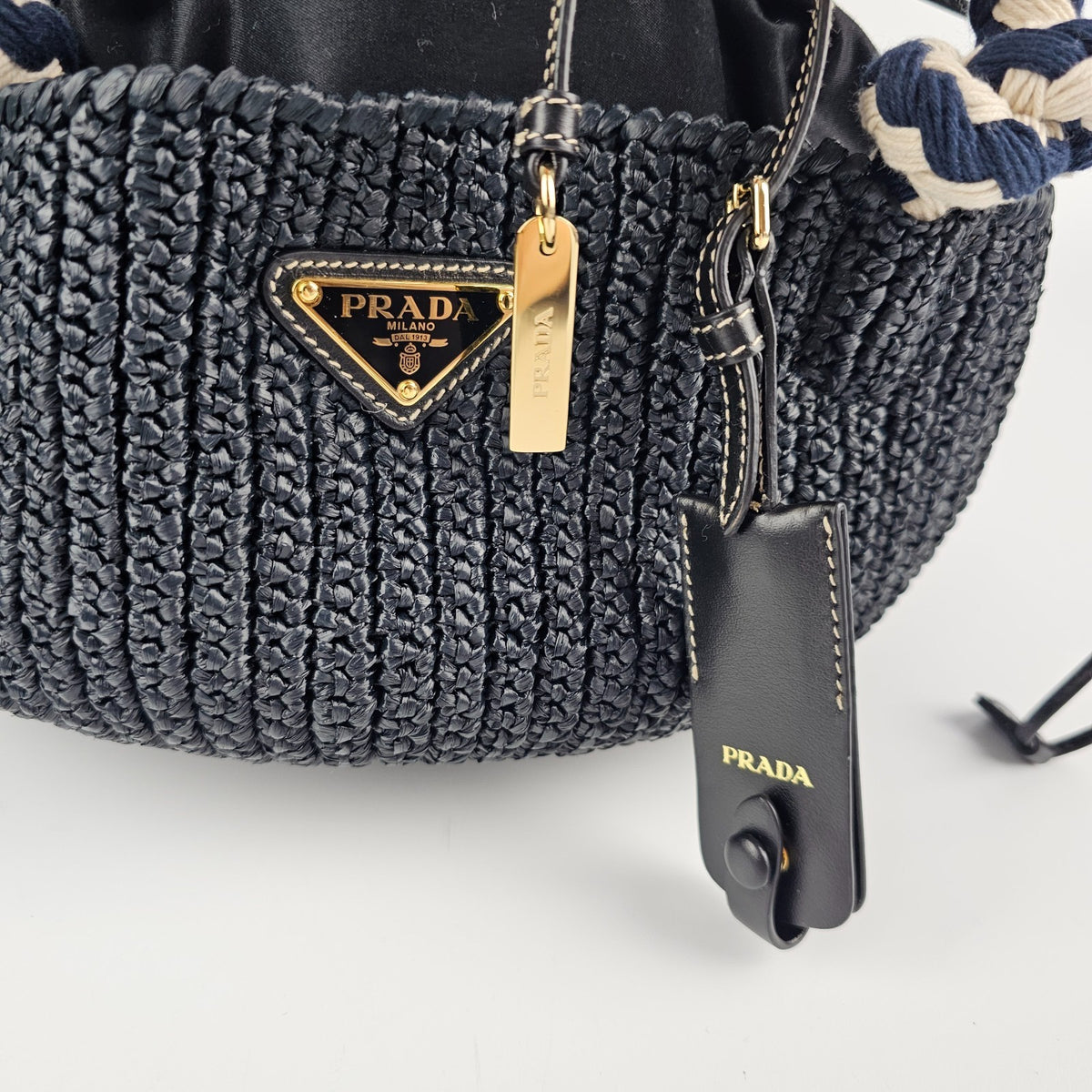 PRADA Small Basket Black Raffia Top Handle Bag New And Authentic