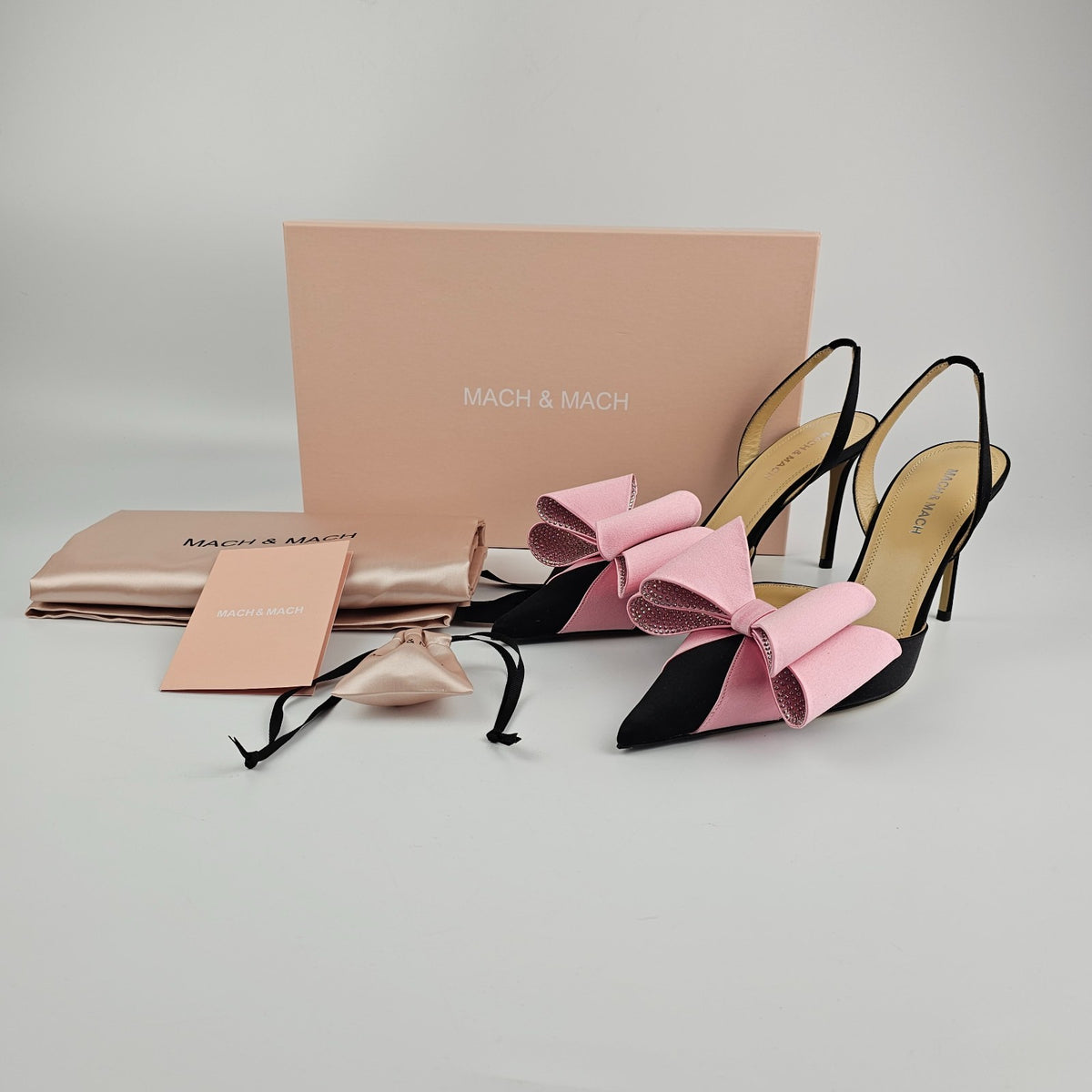 MACH & MACH Le Cadeau Black/Pink 95mm Slingback Pumps New & Authentic