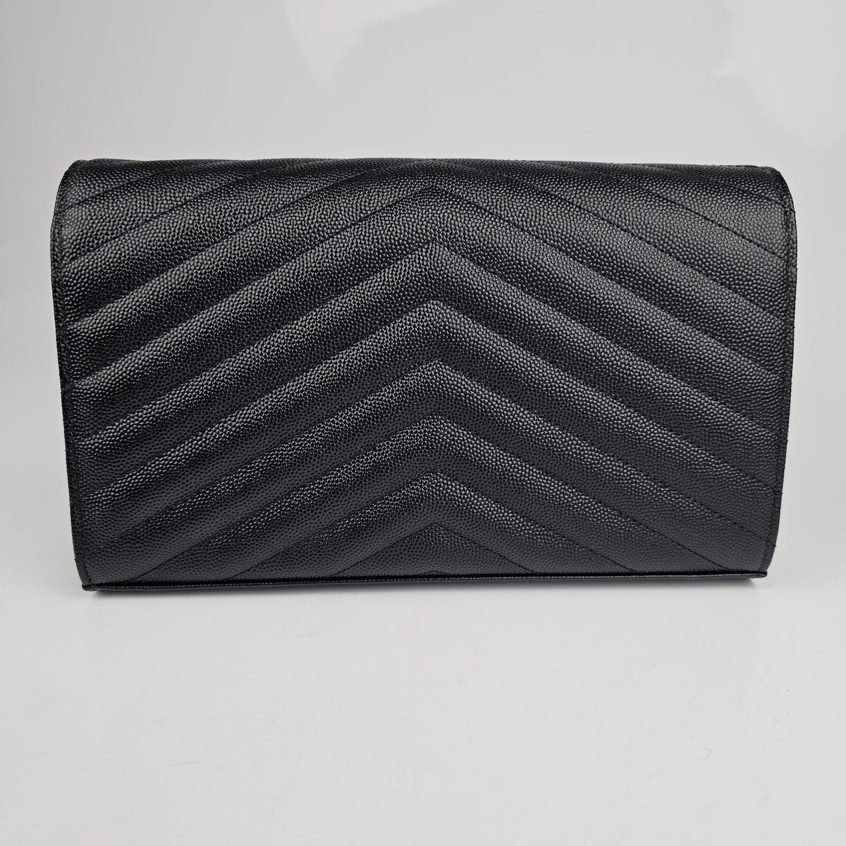 SAINT LAURENT Cassandre Classic Black/Gold Grained Leather Chain Wallet New