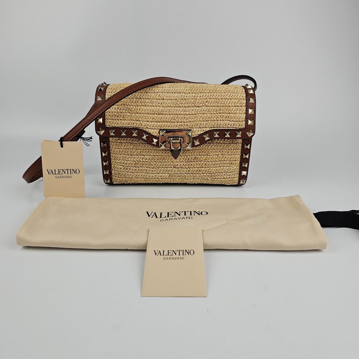 VALENTINO GARAVANI Rockstud Small Brown Raffia Crossbody Bag New And Authentic