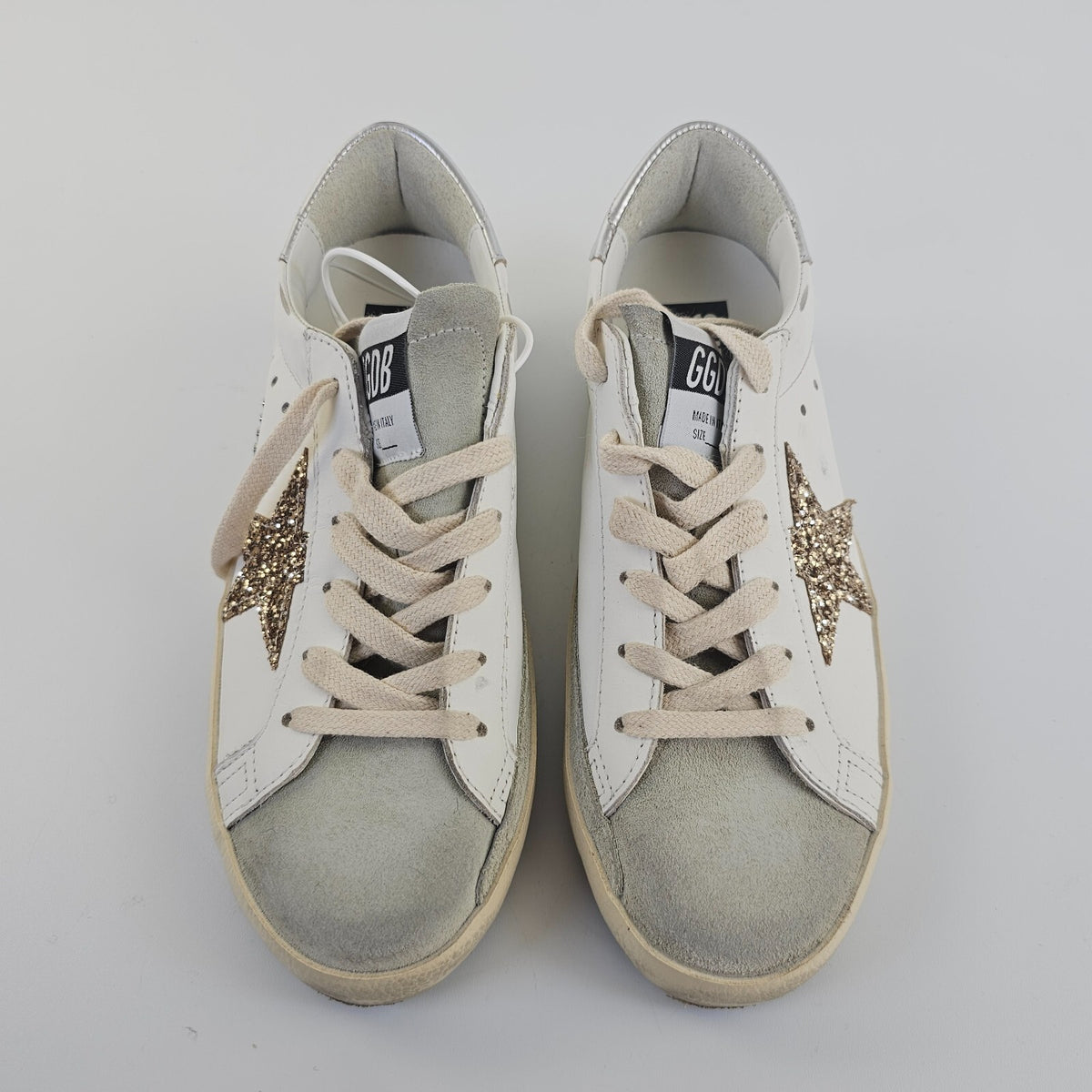 GOLDEN GOOSE Super Star Women's White/Silver Glittered Low Top Sneakers New