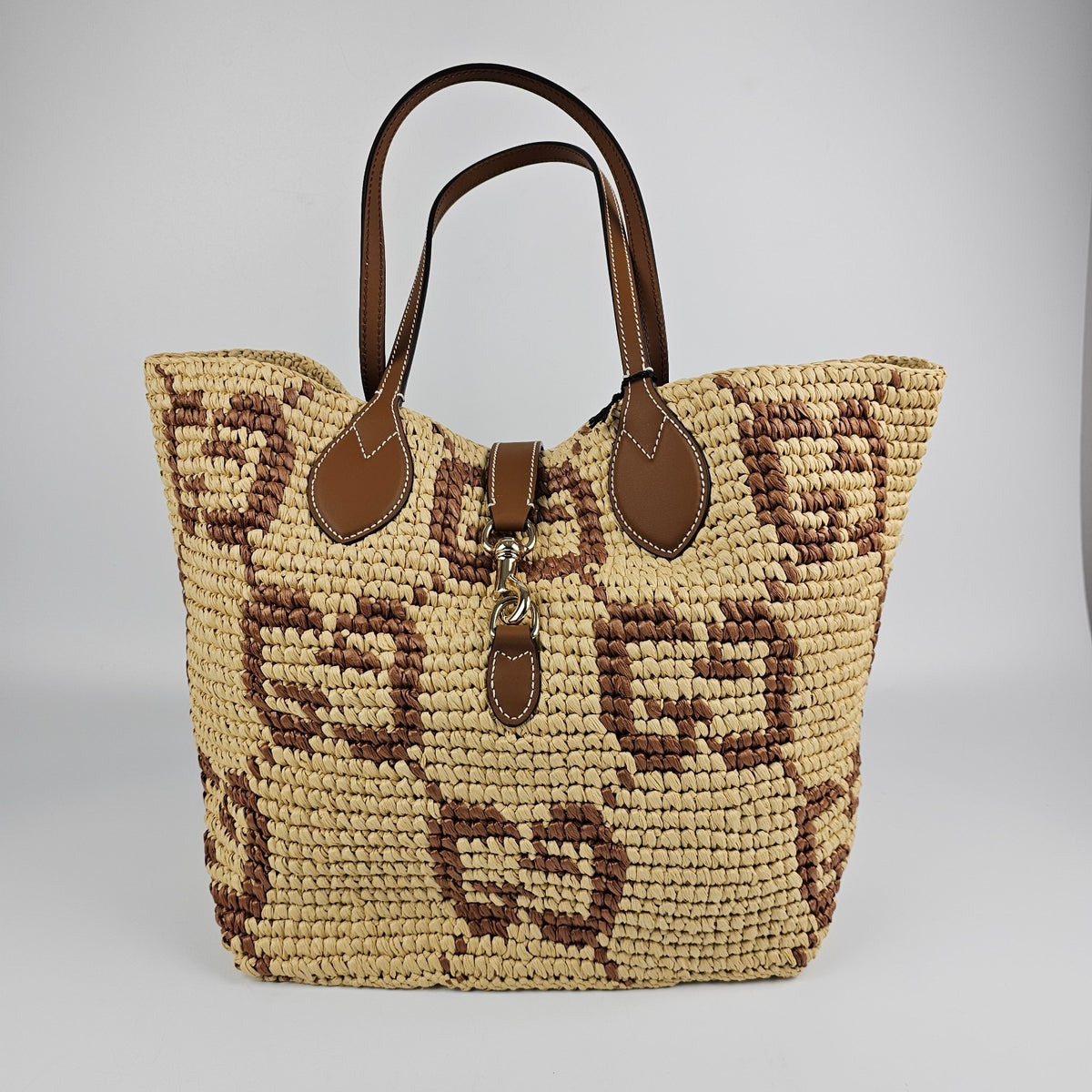 GUCCI $3650 Natural/Brown GG Raffia Medium Tote Bag New & Authentic