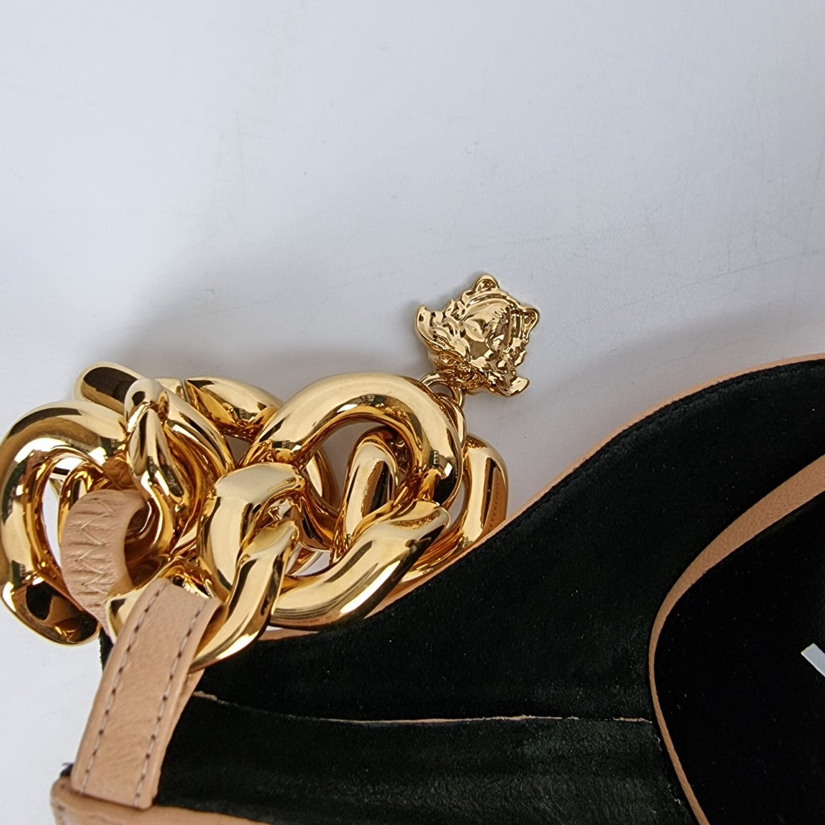 VERSACE 110mm Beige Gold Chain Strap Sandals New Size 38.5 US 8.5