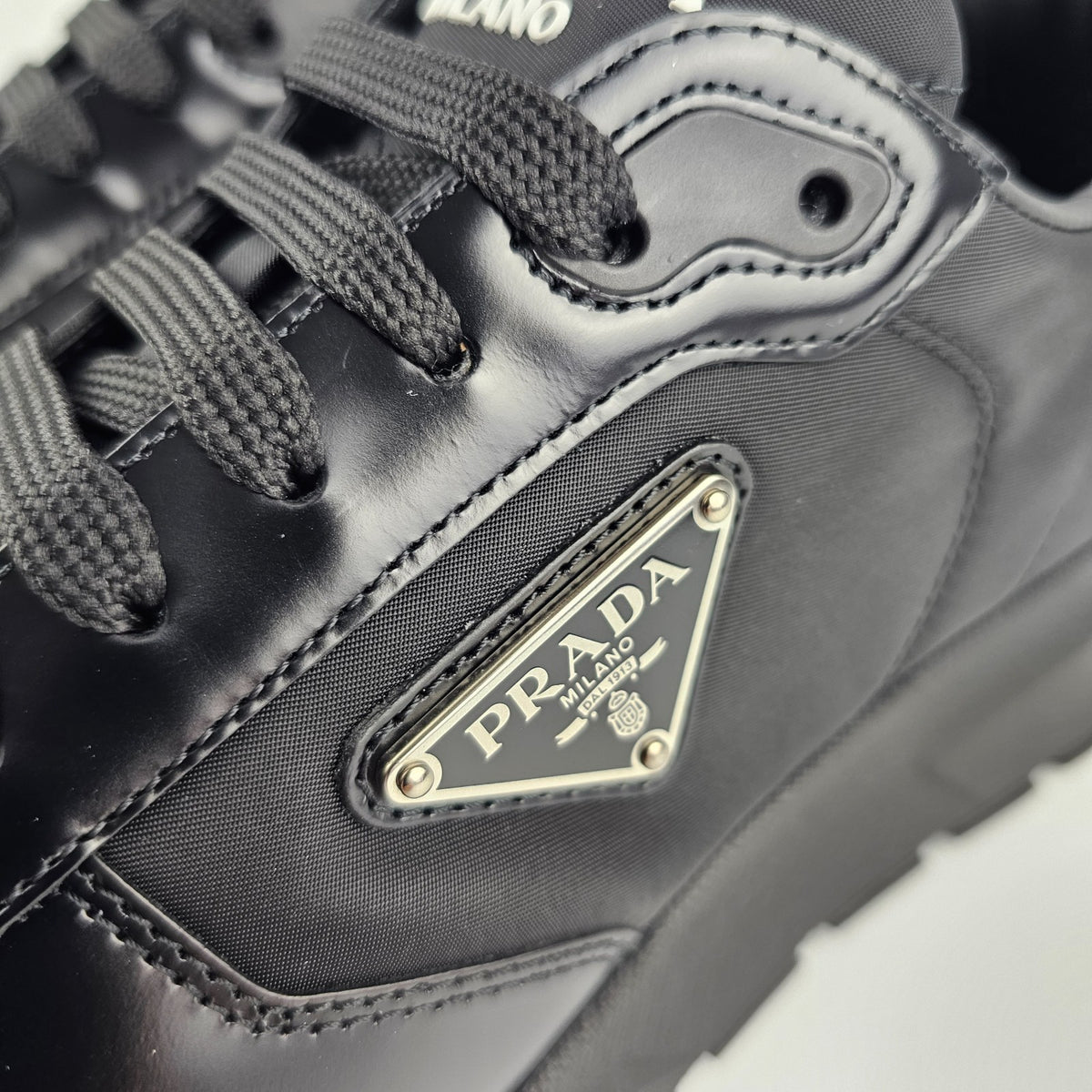 PRADA Prax Black Re-Nylon/Brushed Leather Sneakers New