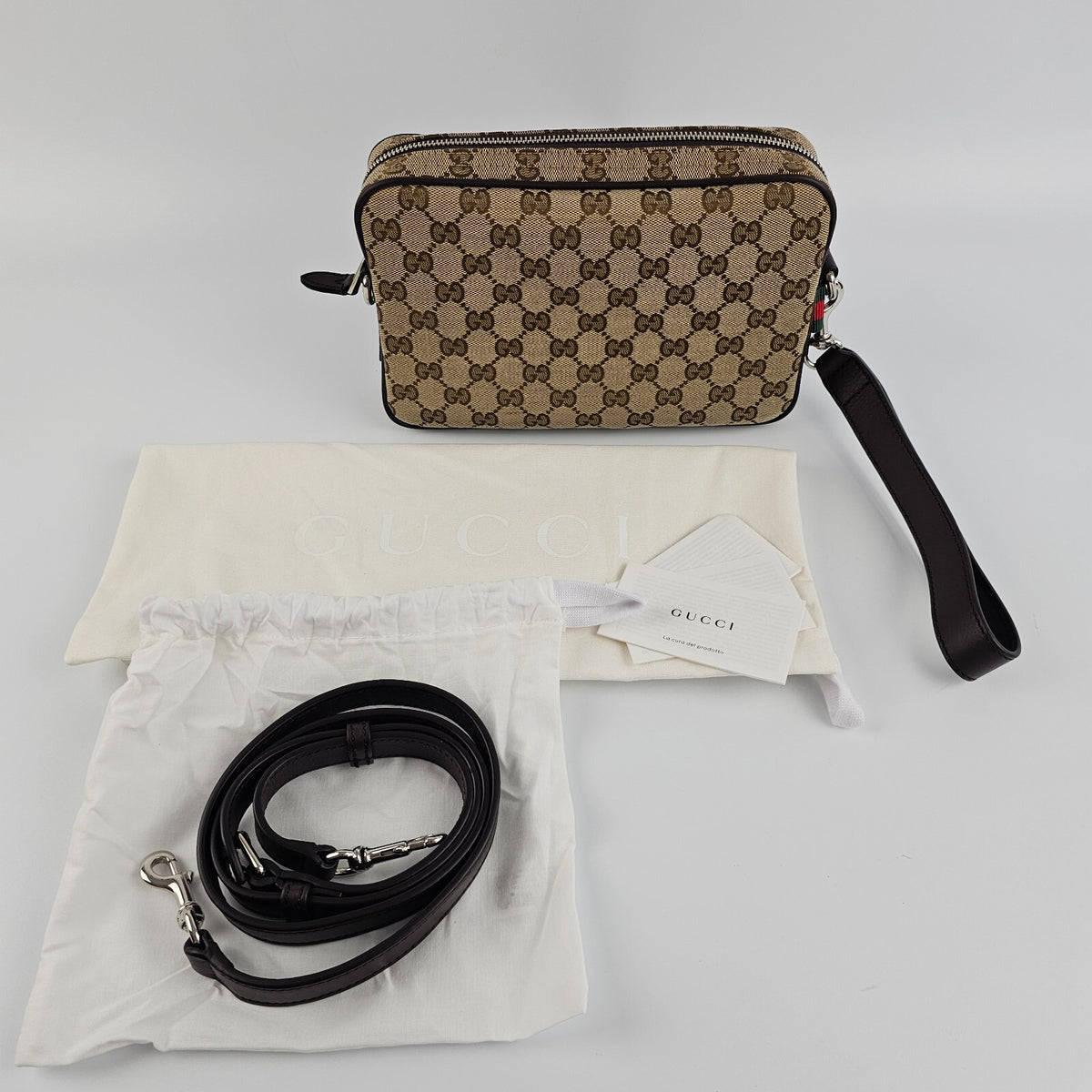 GUCCI $1890 Beige/Dark Brown GG Canvas Small Crossbody Bag New & Authentic