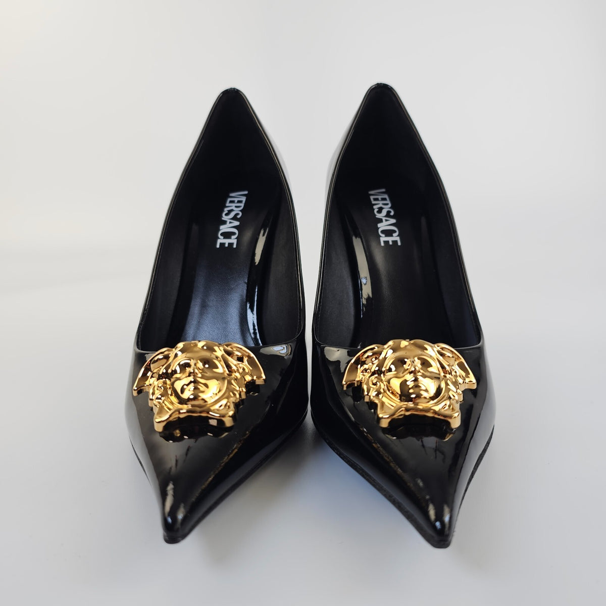 VERSACE 105mm La Medusa Black Leather Pumps Size 39.5 US 9.5