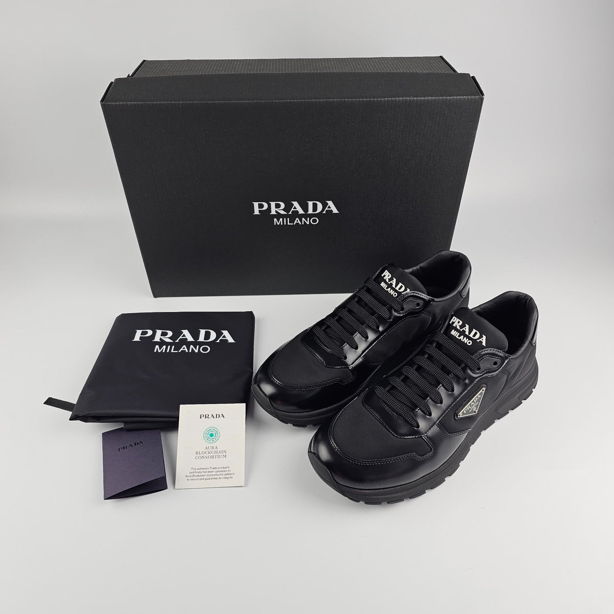 PRADA Prax Black Re-Nylon/Brushed Leather Sneakers New