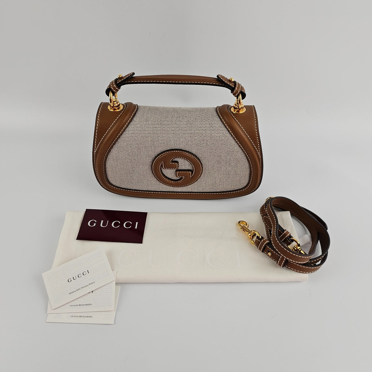 GUCCI Blondie Medium $3900 Natural Cotton And Brown Leather Top Handle Bag New
