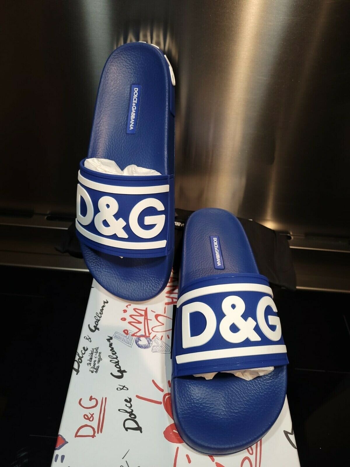 DOLCE&GABBANA Rubber Blue/White Slide Sandals New Size 39 US 6