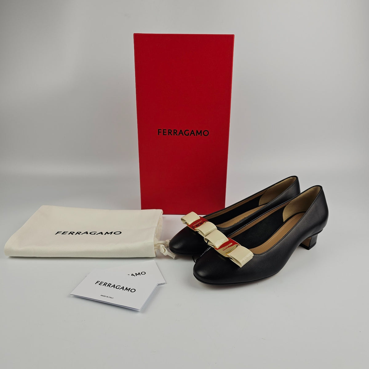 FERRAGAMO Vara Black Leather 35mm Heel Shoes New & Authentic