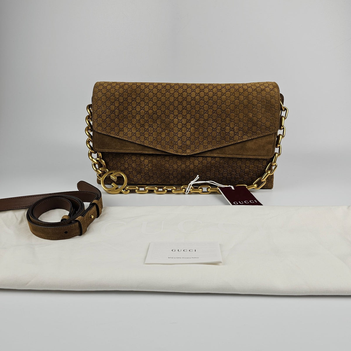 GUCCI $4600 Brown GG Suede Large With Chain Shoulder Bag New & Authentic