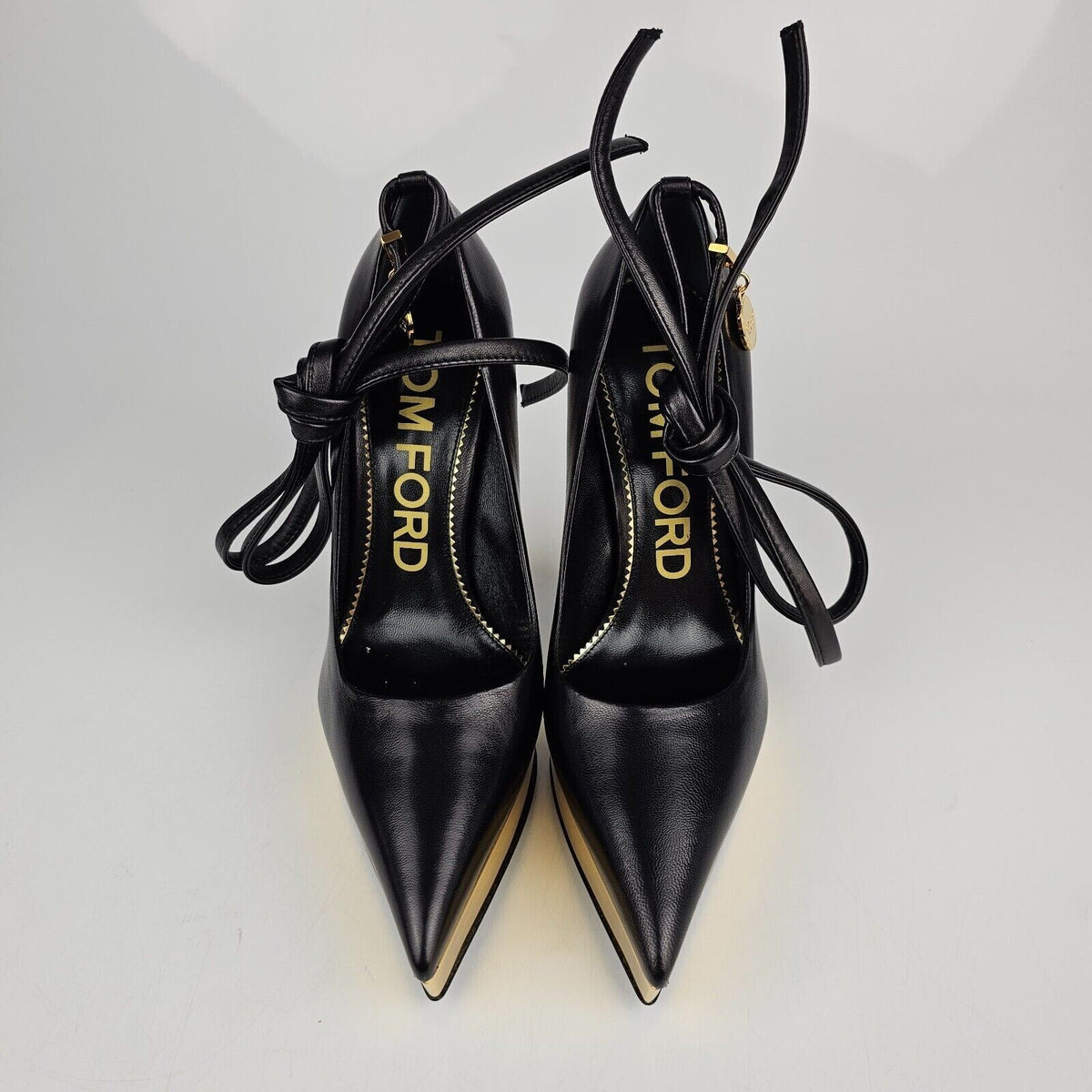 TOM FORD Scoop Ankle 130mm Black/Gold Leather Pumps New Size 40 US 10