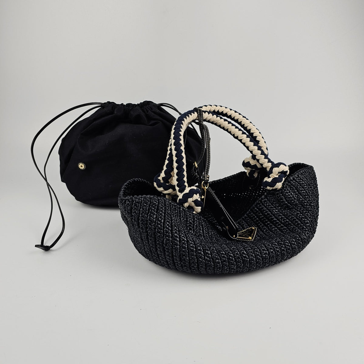 PRADA Small Basket Black Raffia Top Handle Bag New And Authentic
