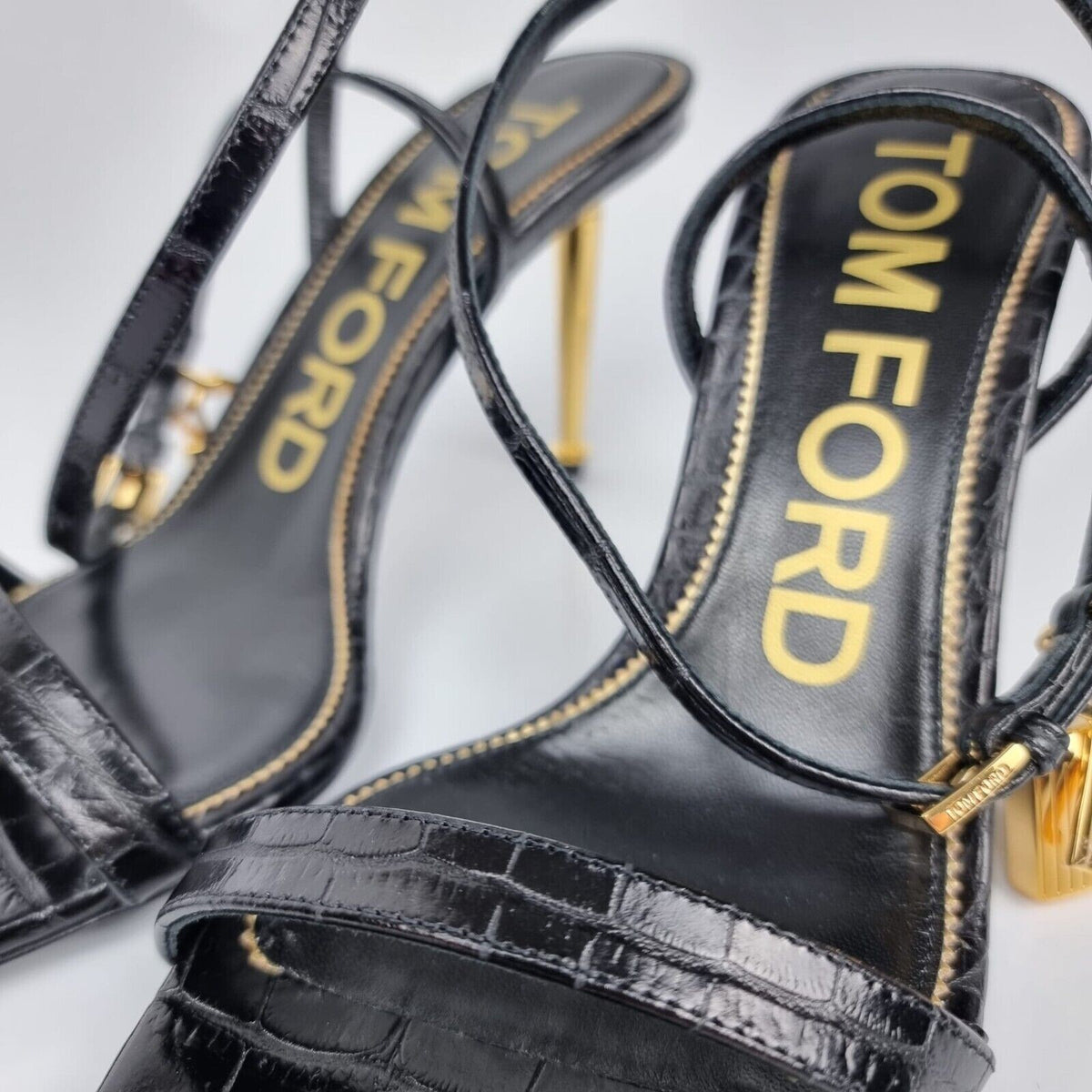 TOM FORD Padlock 85mm Black Embossed Leather Sandals New Size 37 US 7