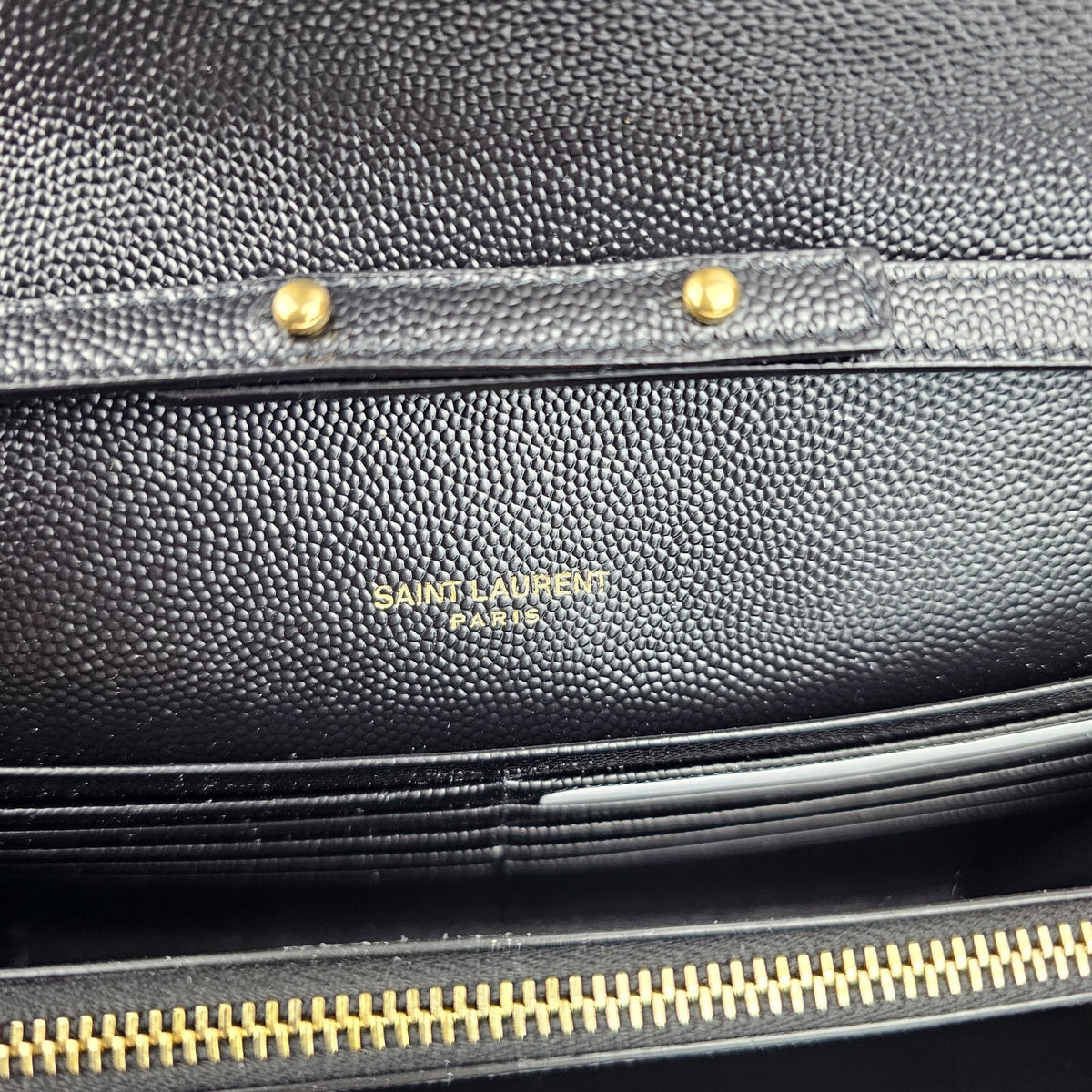 SAINT LAURENT Cassandre Classic Black/Gold Grained Leather Chain Wallet New