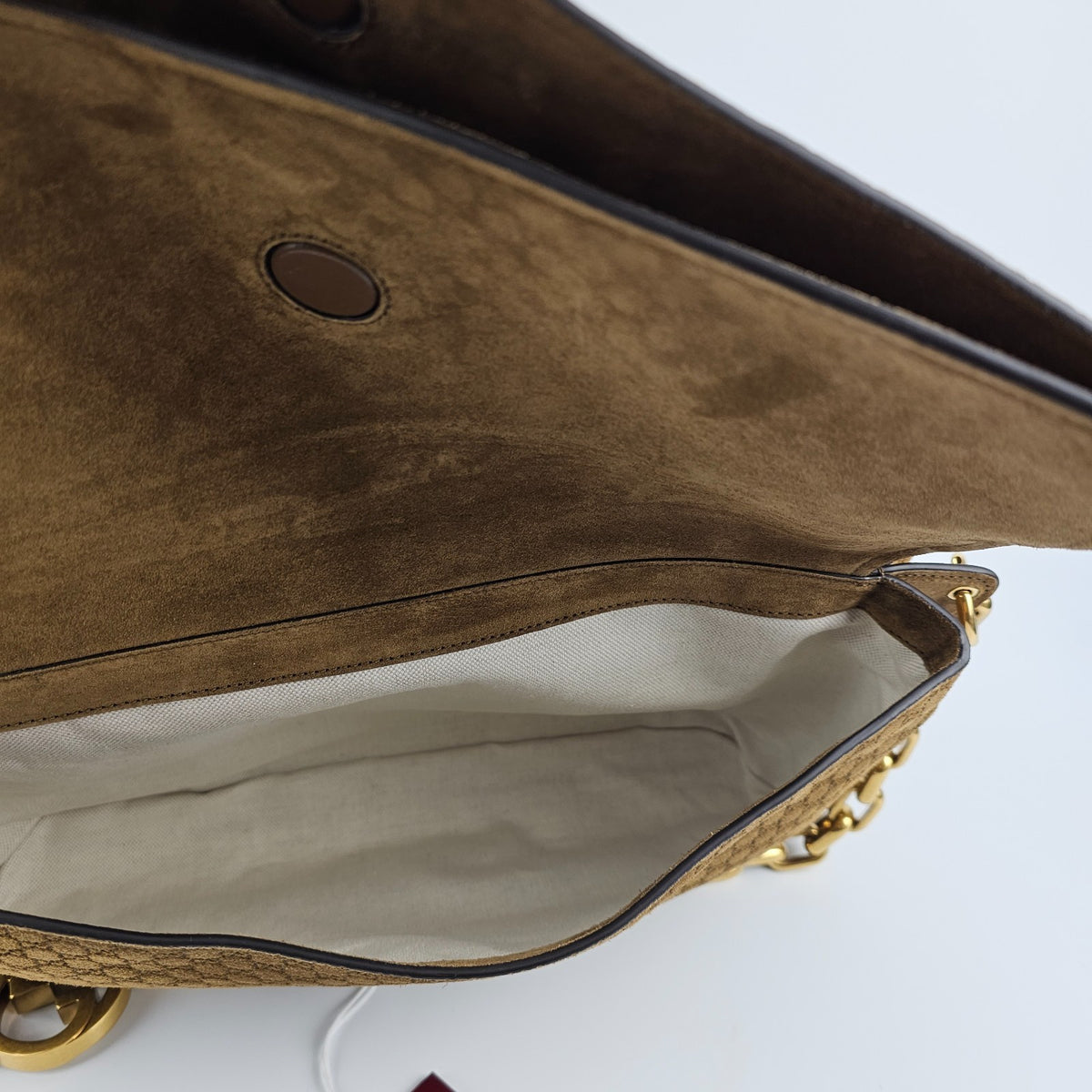GUCCI $4600 Brown GG Suede Large With Chain Shoulder Bag New & Authentic