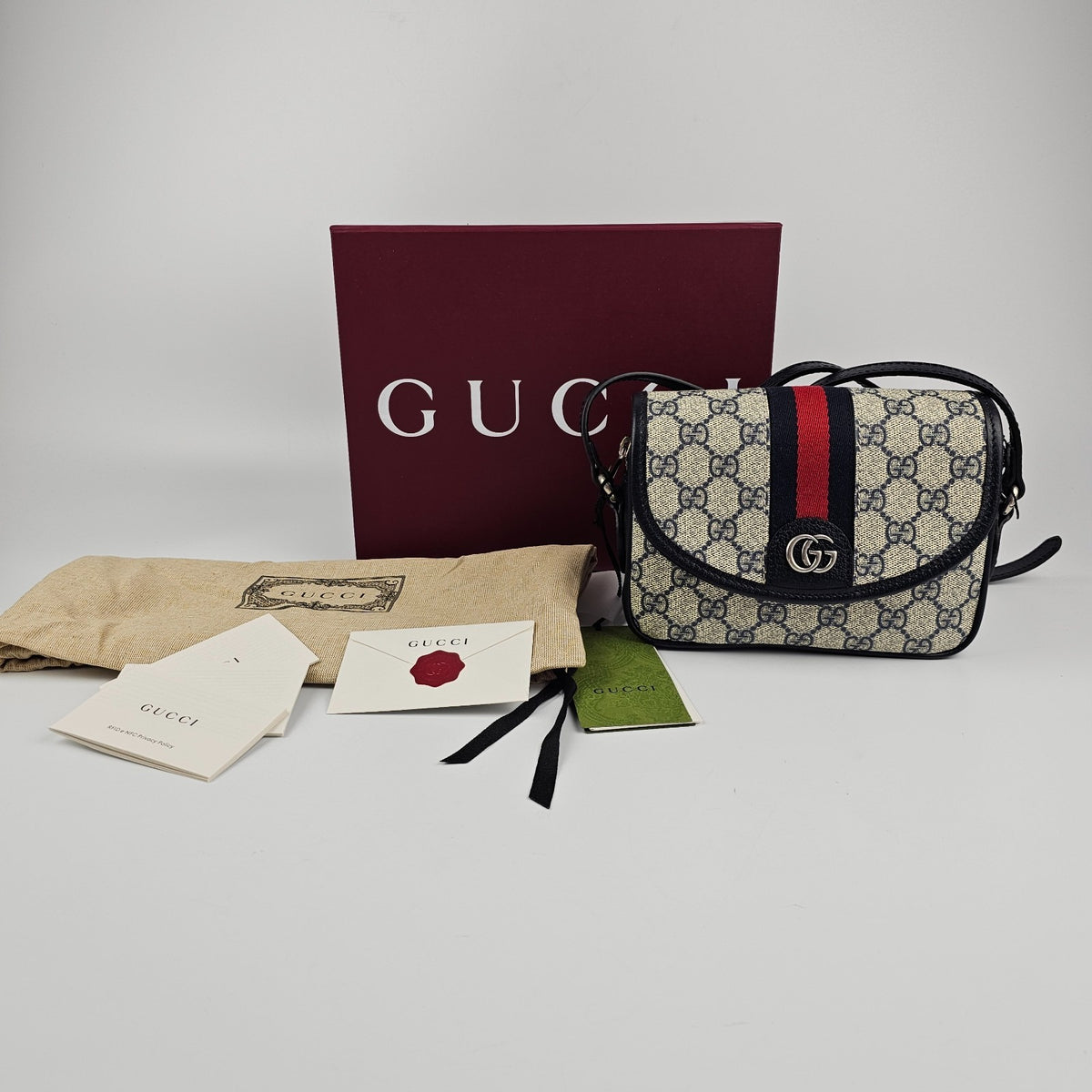 GUCCI Ophidia Mini $1850 Beige And Blue GG Canvas Shoulder Bag New & Authentic