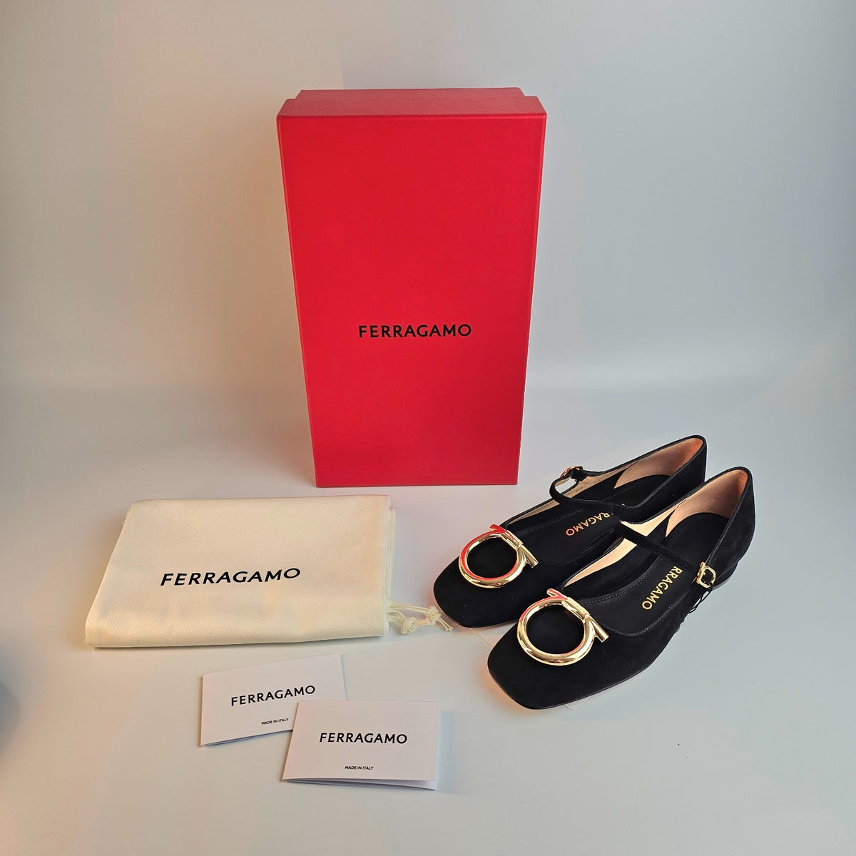FERRAGAMO Mary Jane Marry 2 Gold/Black Suede Heeled Ballerina Pumps New