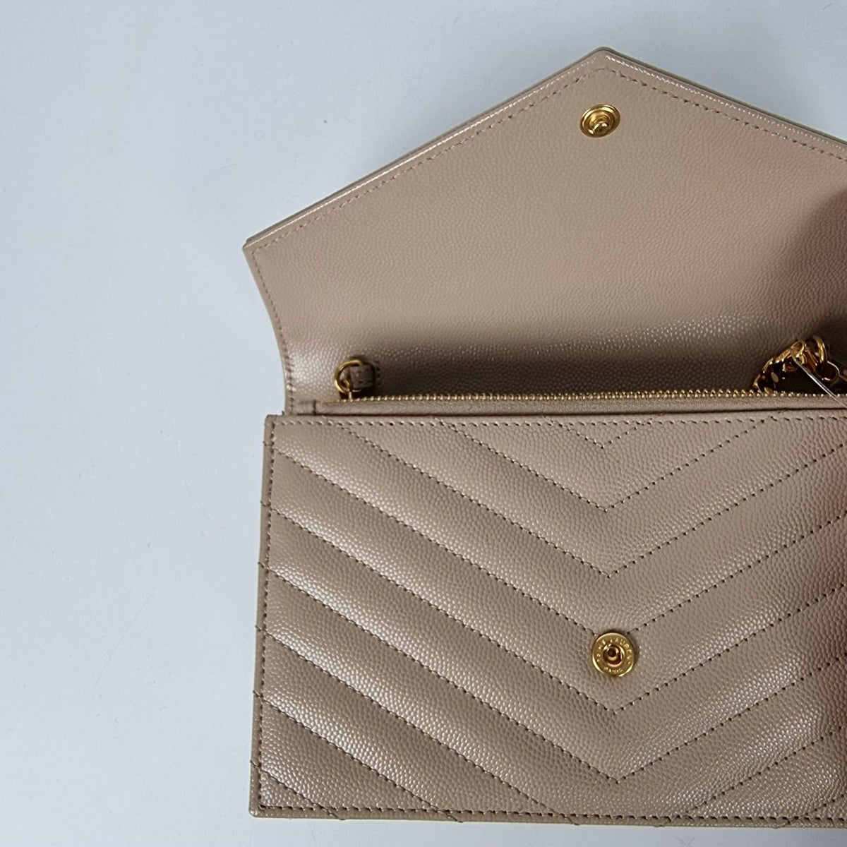 SAINT LAURENT Cassandre Envelope Dark Beige Grained Leather Chain Wallet New