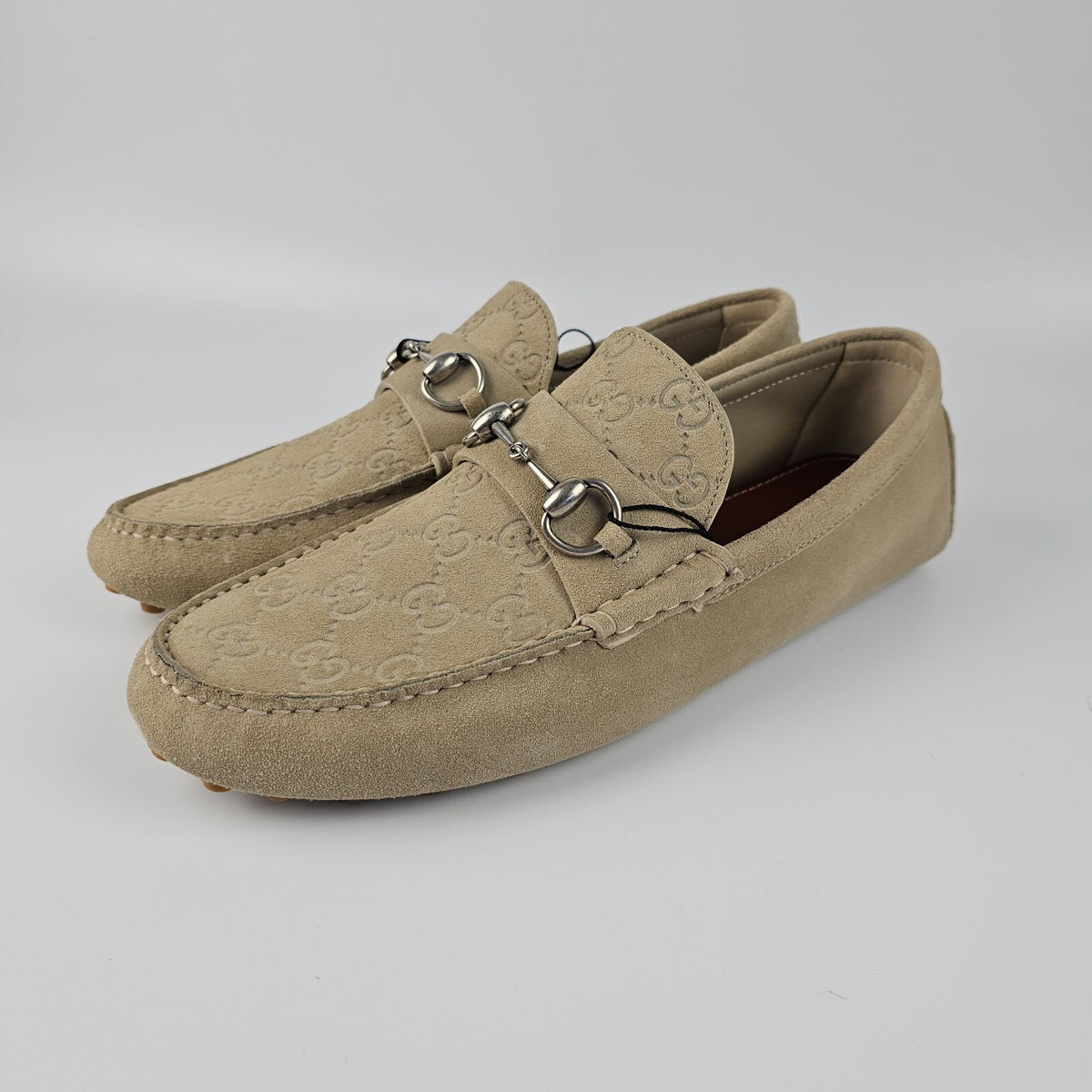 GUCCI $895 Men's Oatmeal GG Suede With Horsebit Loafers New & Authentic