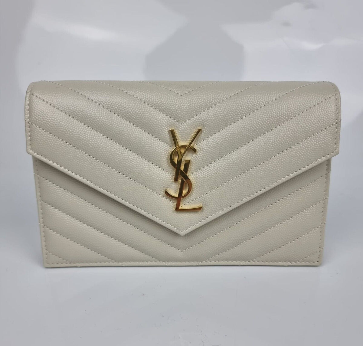 SAINT LAURENT Cassandre Envelope Crema Soft Grained Leather Chain Wallet New