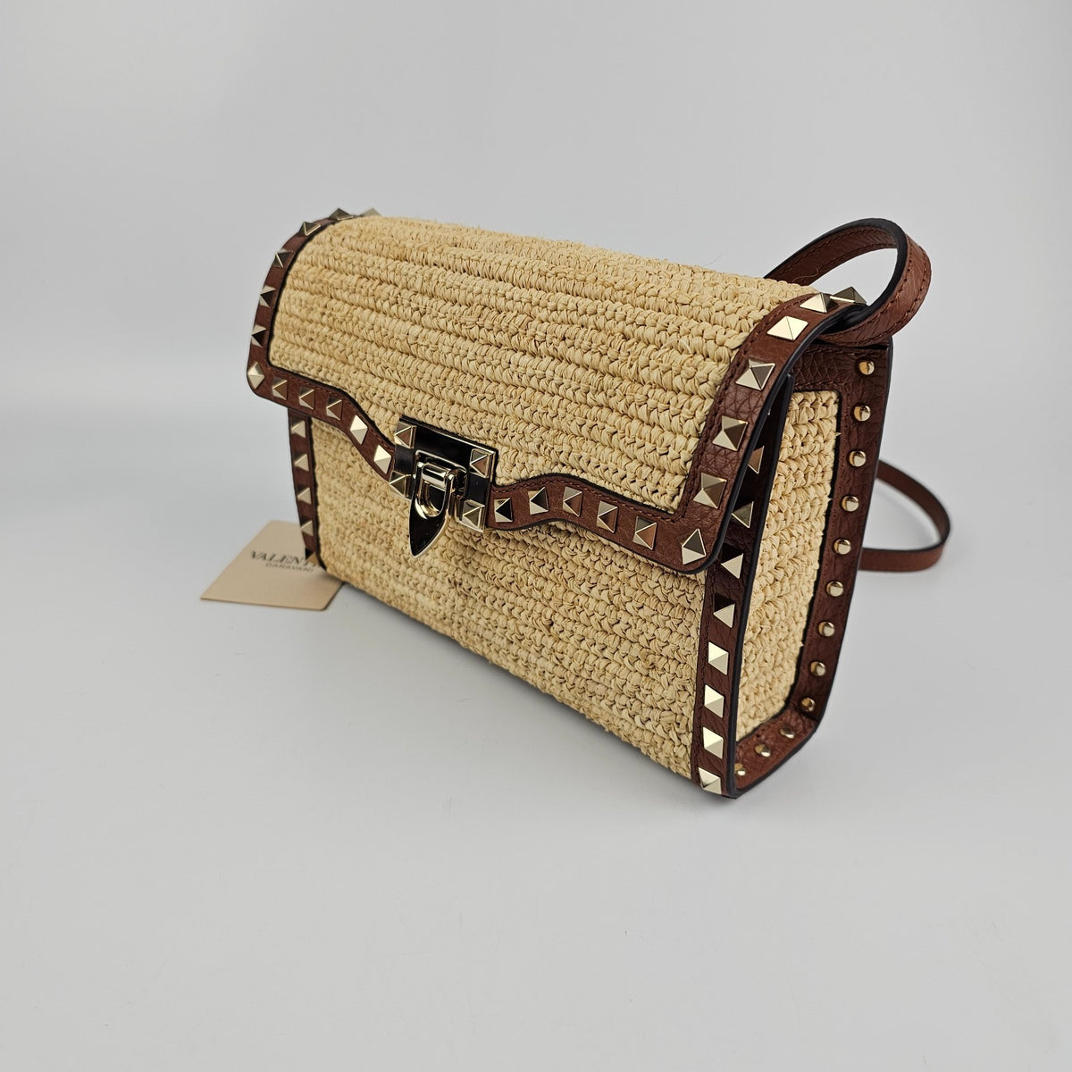 VALENTINO GARAVANI Rockstud Small Brown Raffia Crossbody Bag New And Authentic