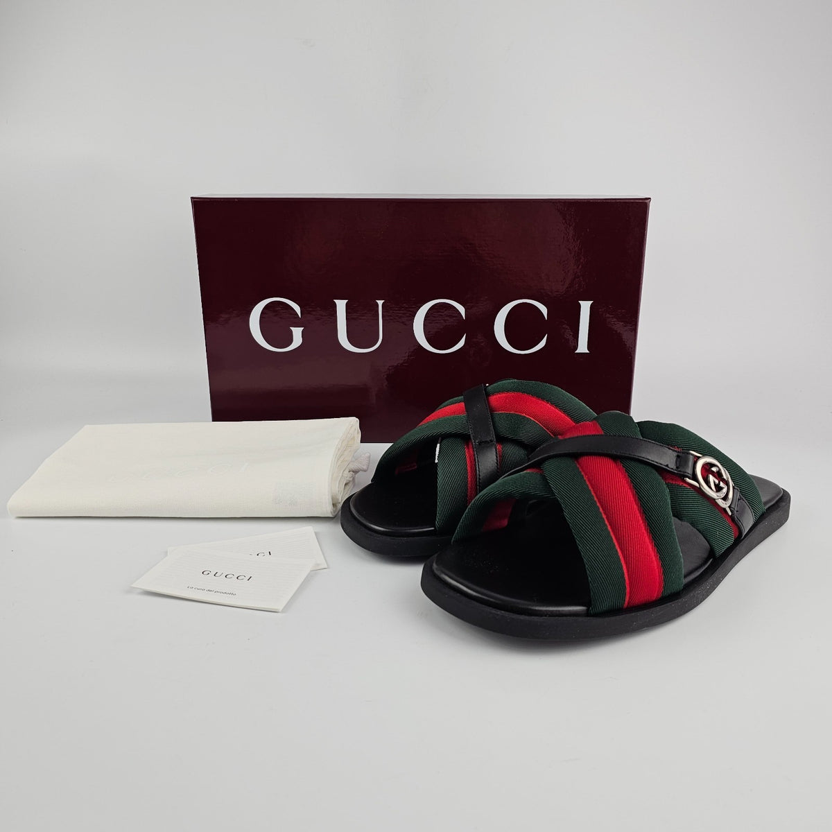GUCCI Men's Interlocking G Green/Red Slide Sandals New & Authentic